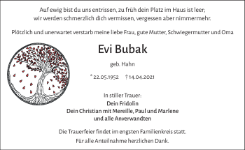 Traueranzeige von Evi Bubak von Frankenpost