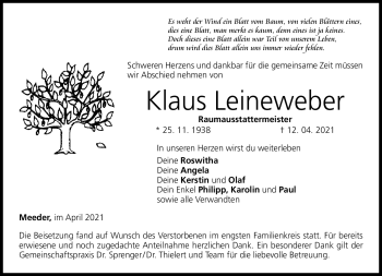 Traueranzeige von Klaus Leinweber von Neue Presse Coburg