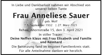 Traueranzeige von Anneliese Sauer von Frankenpost