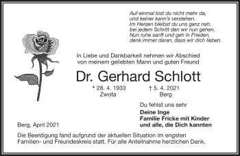 Traueranzeige von Gerhard Schlott von Frankenpost