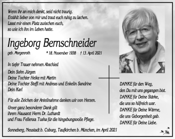 Traueranzeige von Ingeborg Bernschneider von Südthüringer Presse