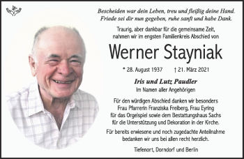 Traueranzeige von Werner Stayniak von Südthüringer Presse