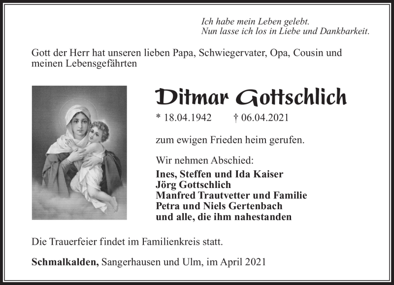 Traueranzeige für Ditmar Gottschlich vom 10.04.2021 aus Südthüringer Presse