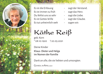 Traueranzeige von Käthe Reiß von Südthüringer Presse