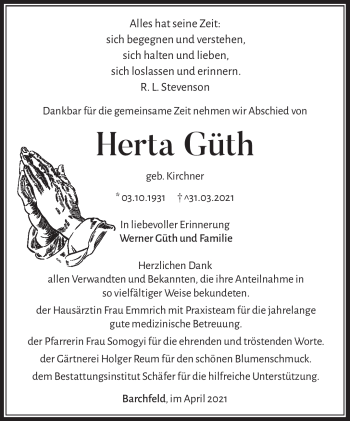 Traueranzeige von Herta Güth von Südthüringer Presse