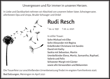 Traueranzeige von Rudi Resch von Südthüringer Presse