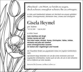 Traueranzeige von Gisela Heymel von Südthüringer Presse