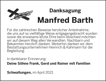 Traueranzeige von Manfred Barth von Südthüringer Presse