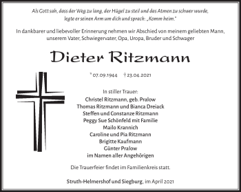 Traueranzeige von Dieter Ritzmann von Südthüringer Presse