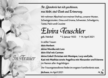 Traueranzeige von Elvira Teuschler von Südthüringer Presse