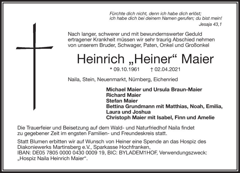  Traueranzeige für Heinrich Maier vom 08.04.2021 aus Frankenpost