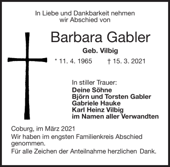 Traueranzeige von Barbara Gabler von Neue Presse Coburg