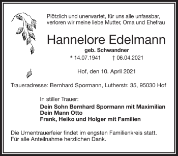 Traueranzeige von Hannelore Edelmann von Frankenpost