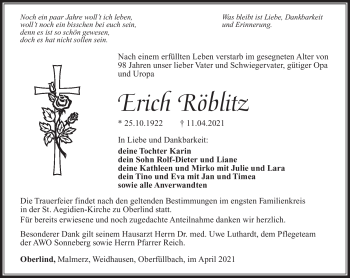 Traueranzeige von Erich Röblitz von Südthüringer Presse