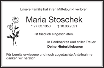 Traueranzeige von Maria Stoschek von Frankenpost