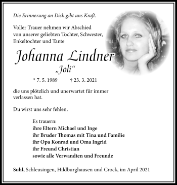 Traueranzeige von Johanna Lindner von Südthüringer Presse