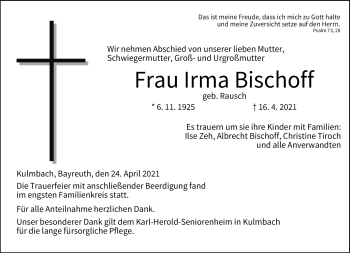 Traueranzeige von Irma Bischoff von Frankenpost
