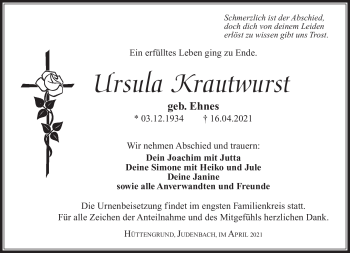 Traueranzeige von Ursula Krautwurst von Südthüringer Presse