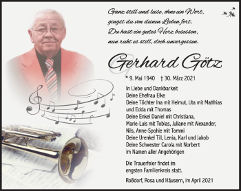 Traueranzeige von Gerhard Götz von Südthüringer Presse