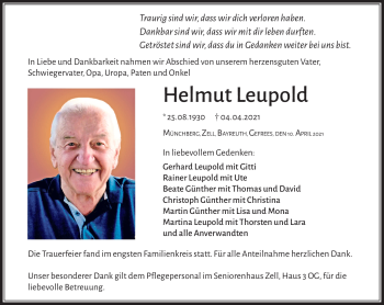 Traueranzeige von Helmut Leupold von Frankenpost