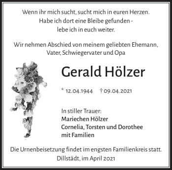 Traueranzeige von Gerald Hölzer von Südthüringer Presse
