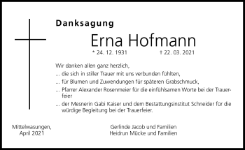 Traueranzeige von Erna Hofmann von Neue Presse Coburg