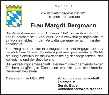 Traueranzeige von Margit Bergmann von Frankenpost