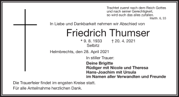 Traueranzeige von Friedrich Thumser von Frankenpost