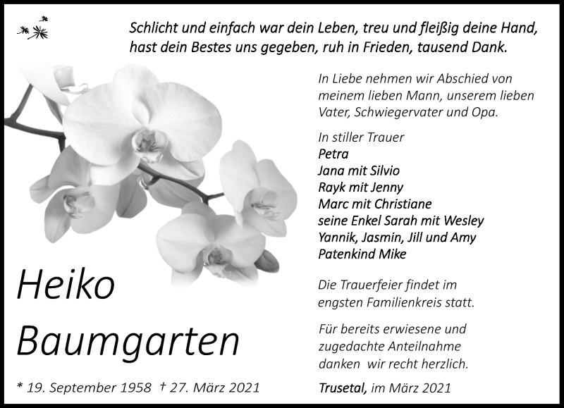  Traueranzeige für Heiko Baumgarten vom 07.04.2021 aus Südthüringer Presse