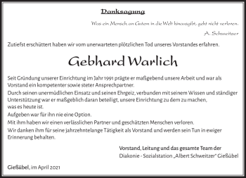 Traueranzeige von Gebhard Warlich von Südthüringer Presse