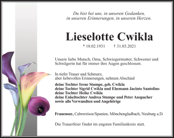 Traueranzeige von Lieselotte Cwikla von Südthüringer Presse