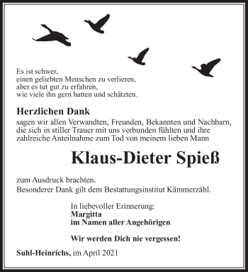 Traueranzeige von Klaus-Dieter Spieß von Südthüringer Presse