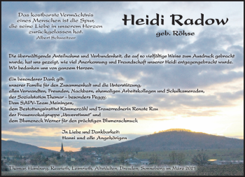 Traueranzeige von Heidi Radow von Südthüringer Presse