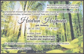 Traueranzeige von Heidrun Hofmann von Südthüringer Presse