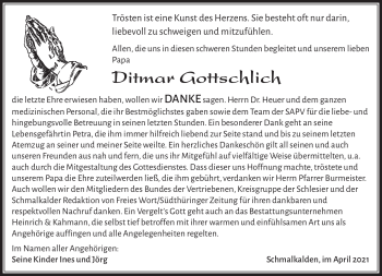Traueranzeige von Ditmar Gottschlich von Südthüringer Presse