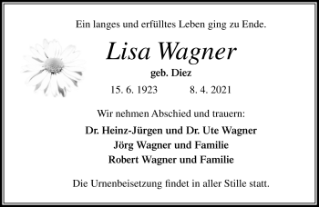 Traueranzeige von Lisa Wagner von Südthüringer Presse