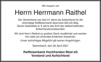 Traueranzeige von Herrmann Raithel von Frankenpost