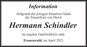 Traueranzeige von Hermann Schindler von Südthüringer Presse