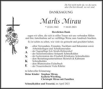 Traueranzeige von Marlis Mirau von Südthüringer Presse