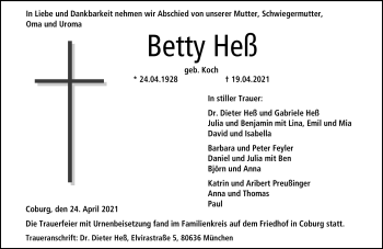Traueranzeige von Betty Heß von Neue Presse Coburg