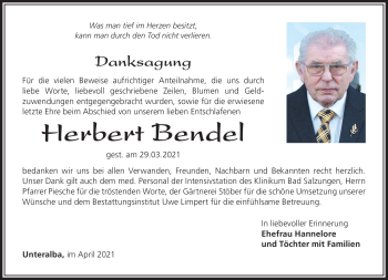 Traueranzeige von Herbert Bendel von Südthüringer Presse
