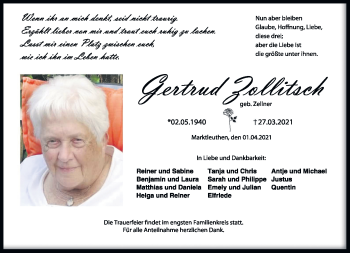 Traueranzeige von Gertrud Zollitsch von Frankenpost