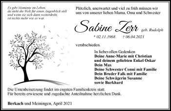 Traueranzeige von Sabine Zerr von Südthüringer Presse