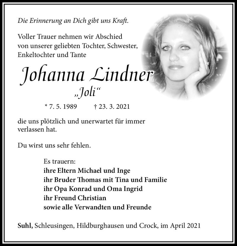  Traueranzeige für Johanna Lindner vom 03.04.2021 aus Südthüringer Presse