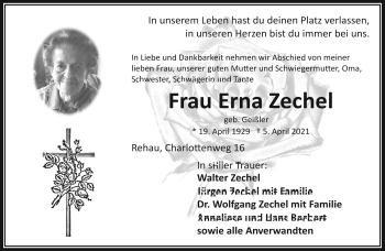 Traueranzeige von Erna Zechel von Frankenpost
