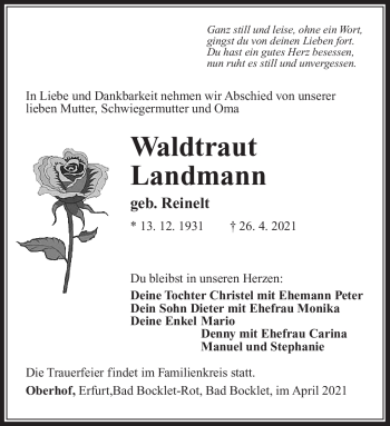 Traueranzeige von Waldtraut Landmann von Südthüringer Presse