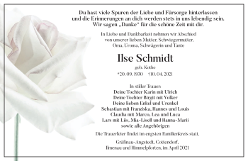 Traueranzeige von Ilse Schmidt von Südthüringer Presse