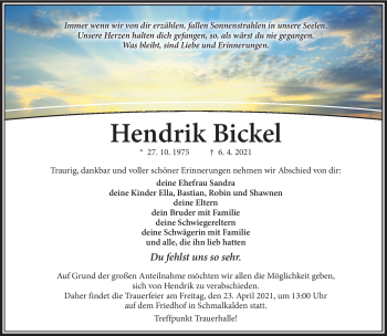 Traueranzeige von Hendrik Bickel von Südthüringer Presse