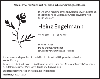 Traueranzeige von Heinz Engelmann von Südthüringer Presse