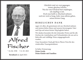 Traueranzeige von Alfred Fischer von Südthüringer Presse